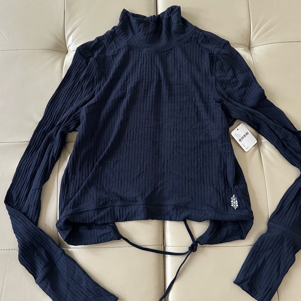 *NWT* Free People Navy Blue Long Sleeve Ribbed Open-Back Tie Top